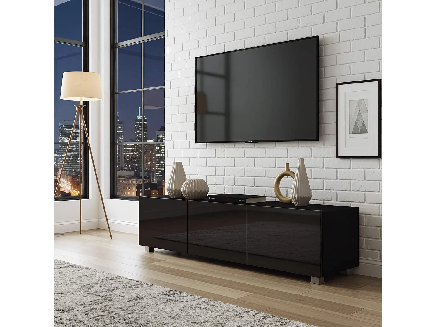 Lowboard Montreal 150 cm - Schwarz / Schwarz Hochglanz - Wandmontage oder Stehend