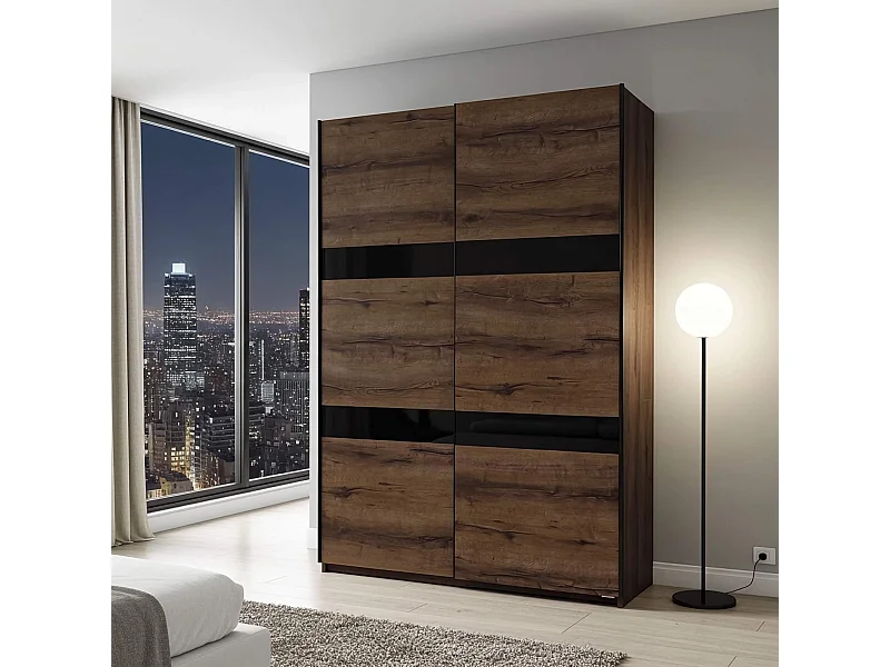 Schuifdeurkast Martin 150 cm - Monastery Eiken / Zwart Hoogglans