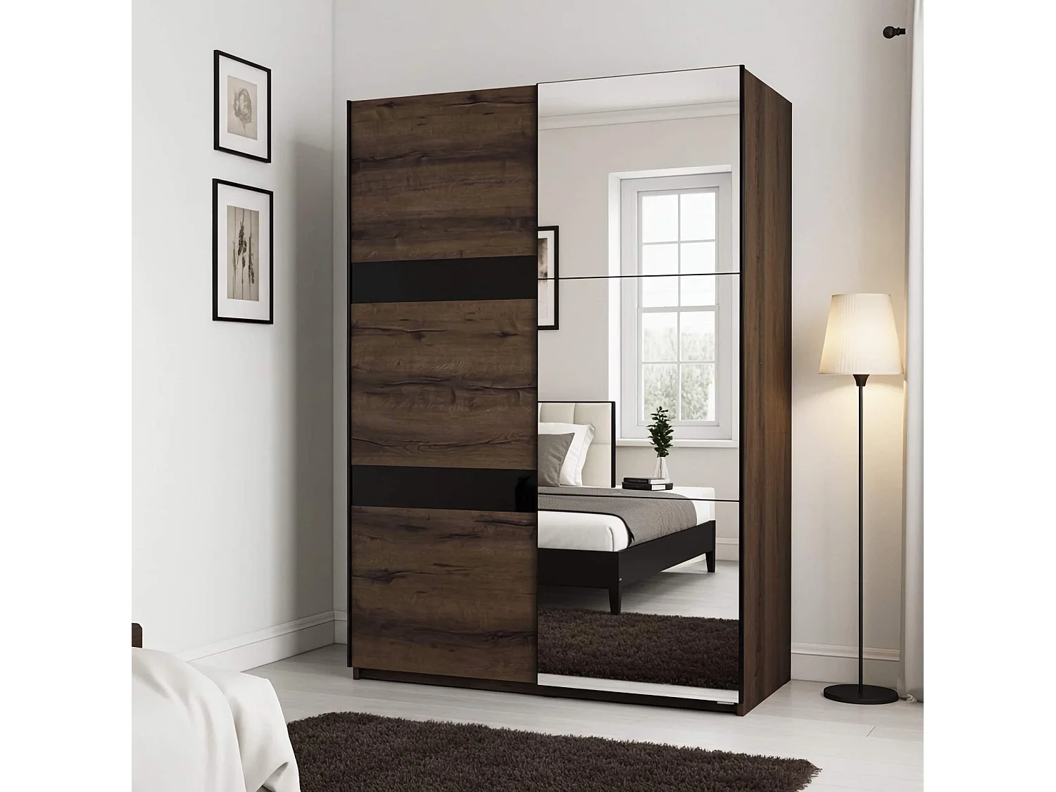 Schuifdeurkast Martin 150 cm - Monastery Eiken / Zwart Hoogglans - Met Spiegel