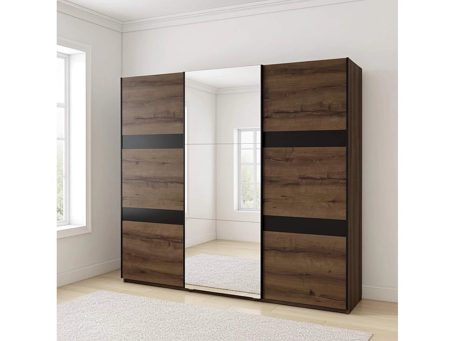 Schuifdeurkast Martin 250 cm - Monastery Eiken / Zwart Hoogglans - Spiegel & LED