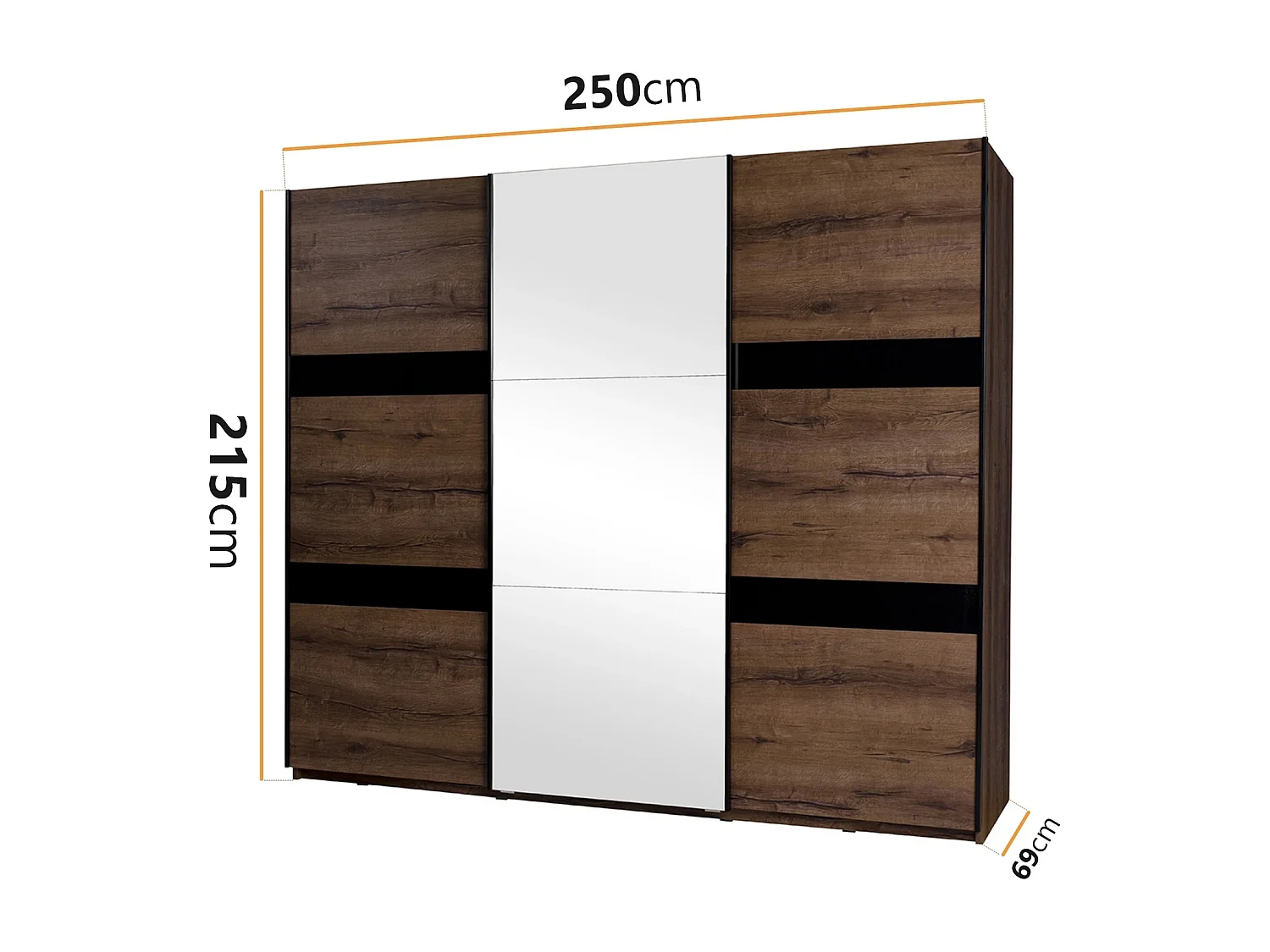 Schuifdeurkast Martin 250 cm - Monastery Eiken / Zwart Hoogglans - Spiegel & LED