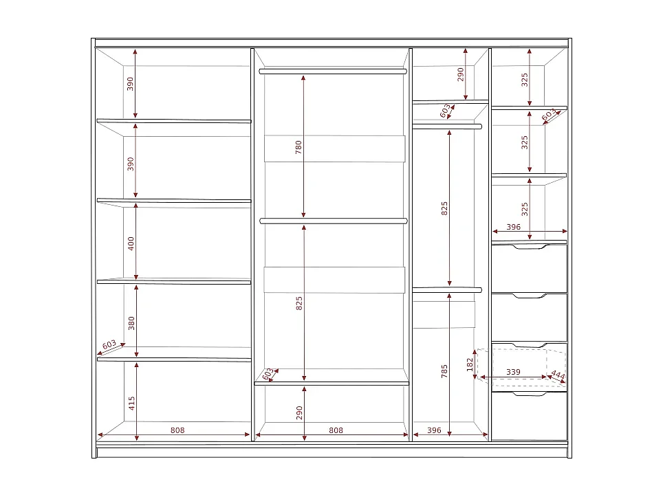 Schuifdeurkast Martin 250 cm - Monastery Eiken / Zwart Hoogglans - Spiegel & LED