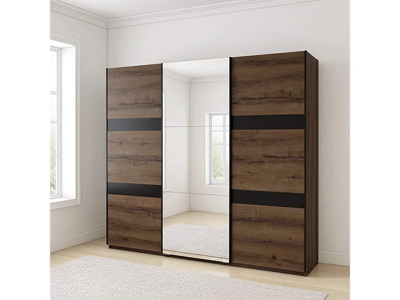 Schuifdeurkast Martin 250 cm - Monastery Eiken / Zwart Hoogglans - Spiegel & LED