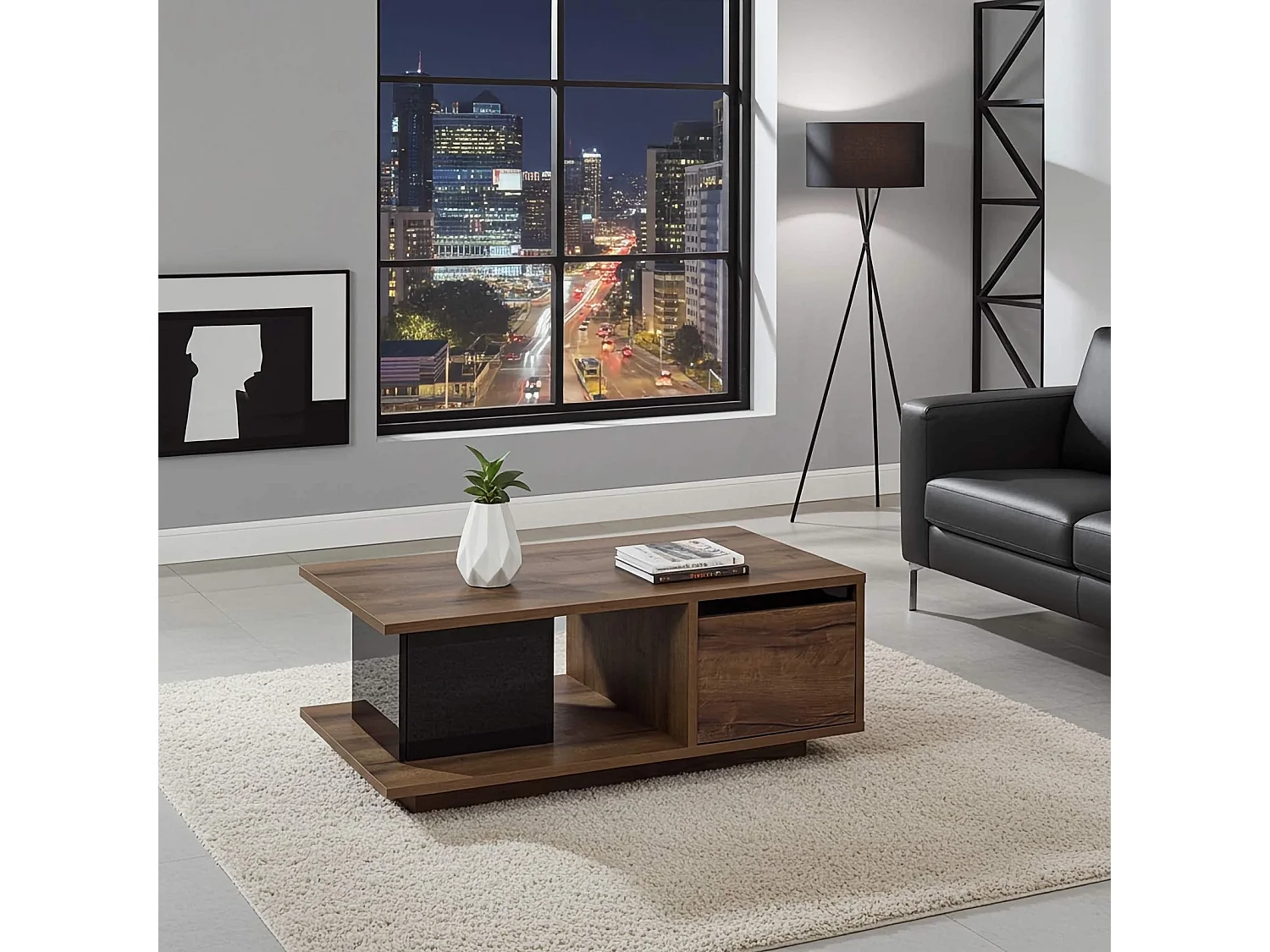 Salontafel Martin 120 cm - Monastery Eiken / Zwart Hoogglans - 3 Opbergvakken