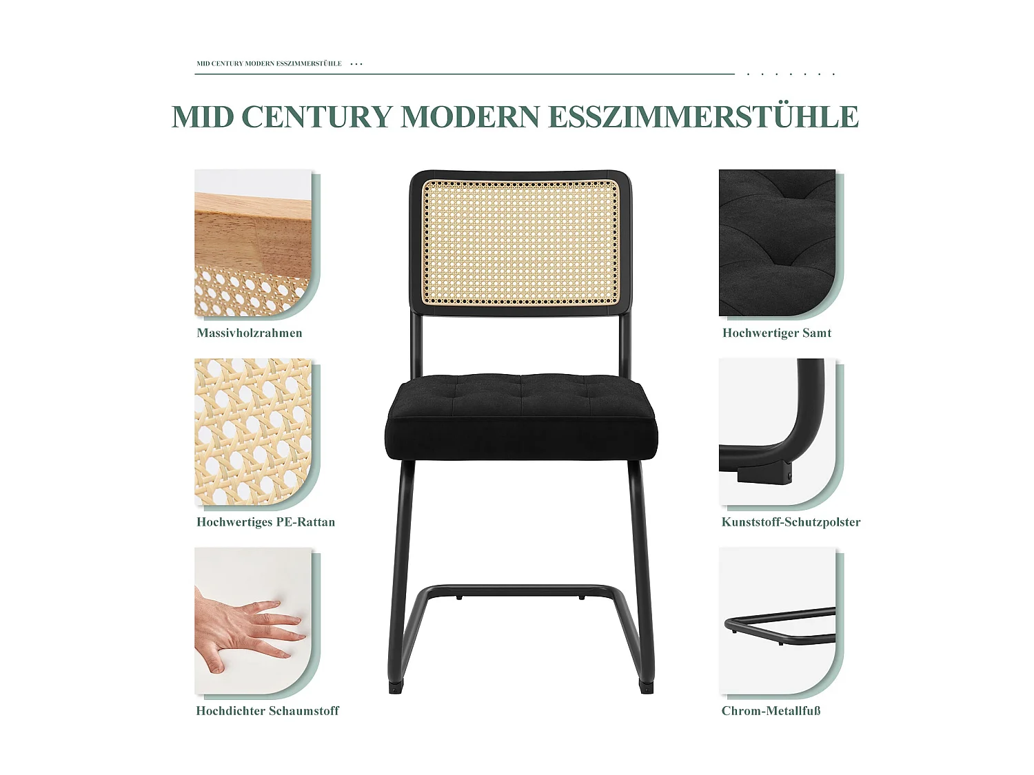 Lot de 2 Chaises de Salle à Manger Cantilever Style Mid-Century – Noir, Velours, Cannage et Structure Chromée