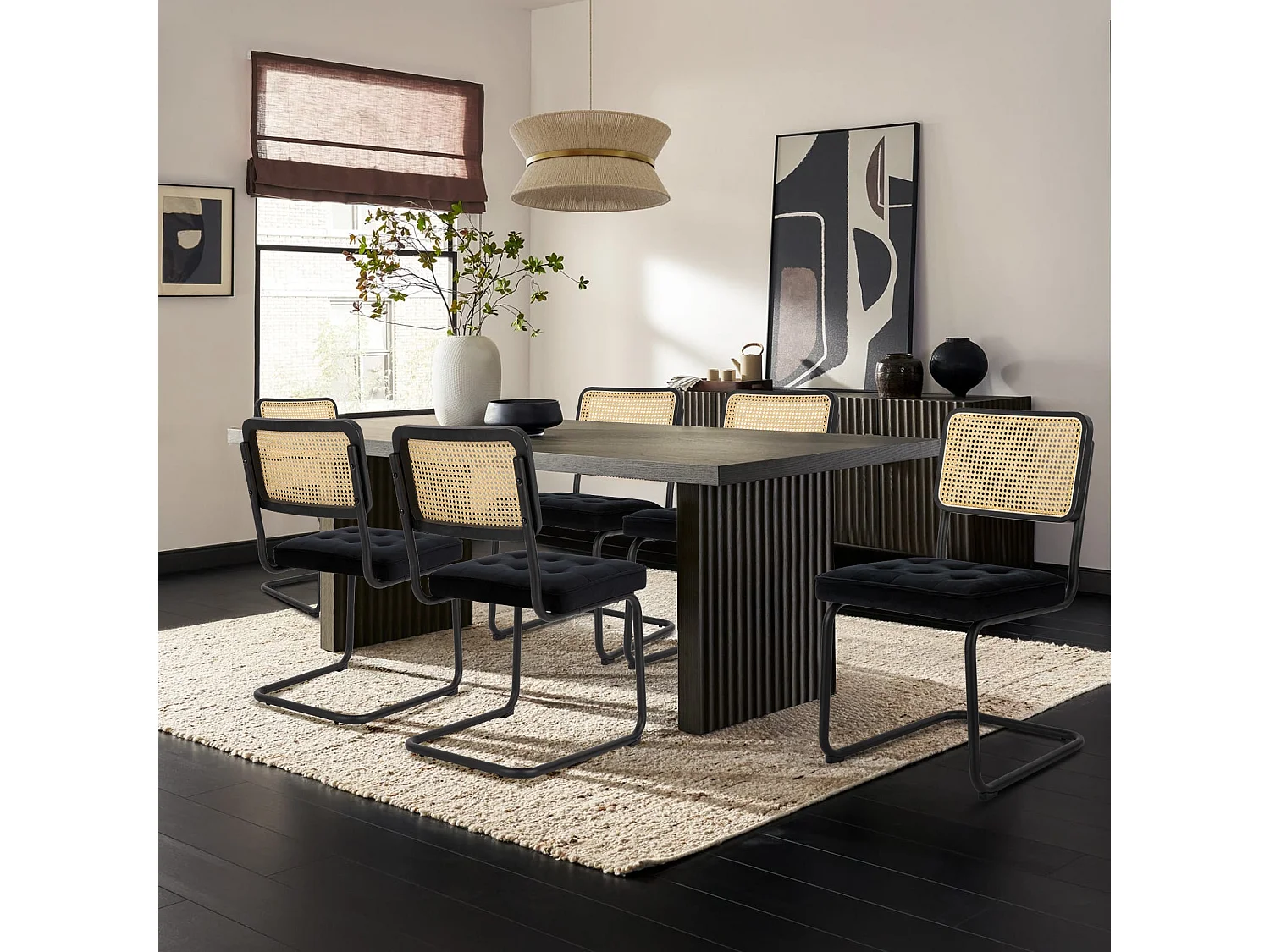 Lot de 2 Chaises de Salle à Manger Cantilever Style Mid-Century – Noir, Velours, Cannage et Structure Chromée