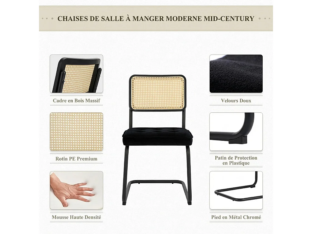Lot de 2 Chaises de Salle à Manger Cantilever Style Mid-Century – Noir, Velours, Cannage et Structure Chromée