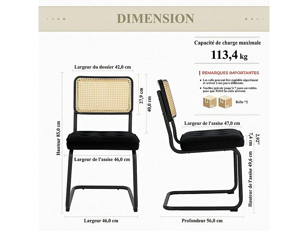 Lot de 2 Chaises de Salle à Manger Cantilever Style Mid-Century – Noir, Velours, Cannage et Structure Chromée