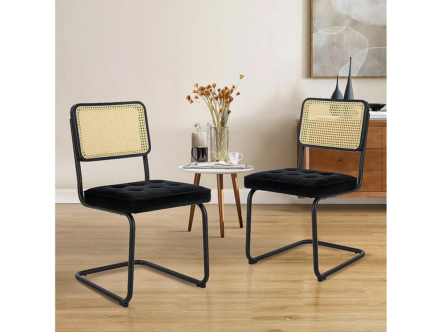 Lot de 2 Chaises de Salle à Manger Cantilever Style Mid-Century – Noir, Velours, Cannage et Structure Chromée