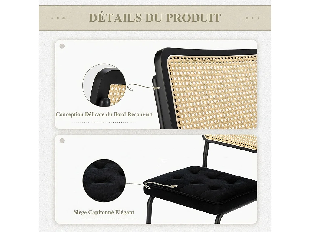 Lot de 2 Chaises de Salle à Manger Cantilever Style Mid-Century – Noir, Velours, Cannage et Structure Chromée