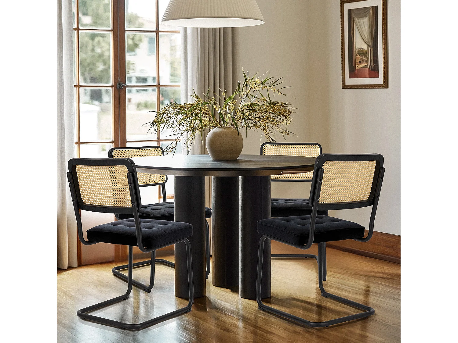 Lot de 2 Chaises de Salle à Manger Cantilever Style Mid-Century – Noir, Velours, Cannage et Structure Chromée