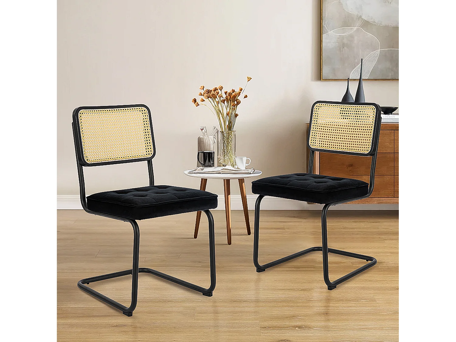 2er-Set Mid-Century Cantilever-Esszimmerstühle – Schwarz, Samt, Geflecht und verchromtes Gestell