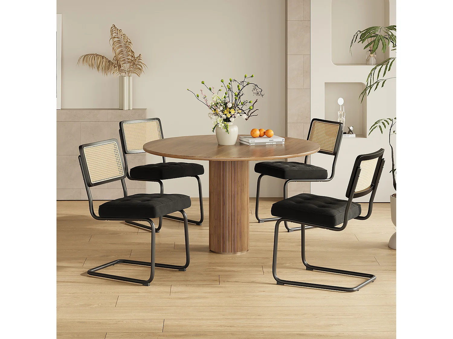 2er-Set Mid-Century Cantilever-Esszimmerstühle – Schwarz, Samt, Geflecht und verchromtes Gestell