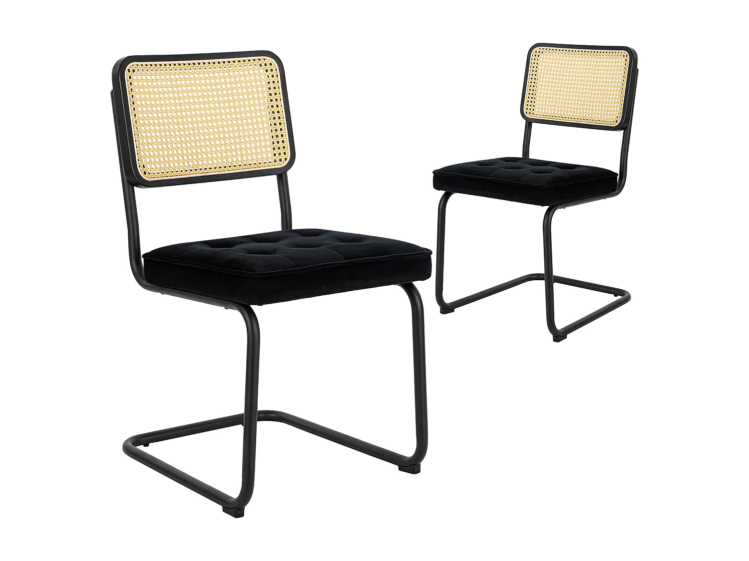 Lot de 2 Chaises de Salle à Manger Cantilever Style Mid-Century – Noir, Velours, Cannage et Structure Chromée