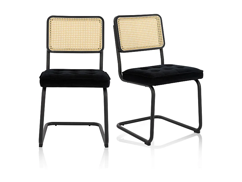 Lot de 2 Chaises de Salle à Manger Cantilever Style Mid-Century – Noir, Velours, Cannage et Structure Chromée