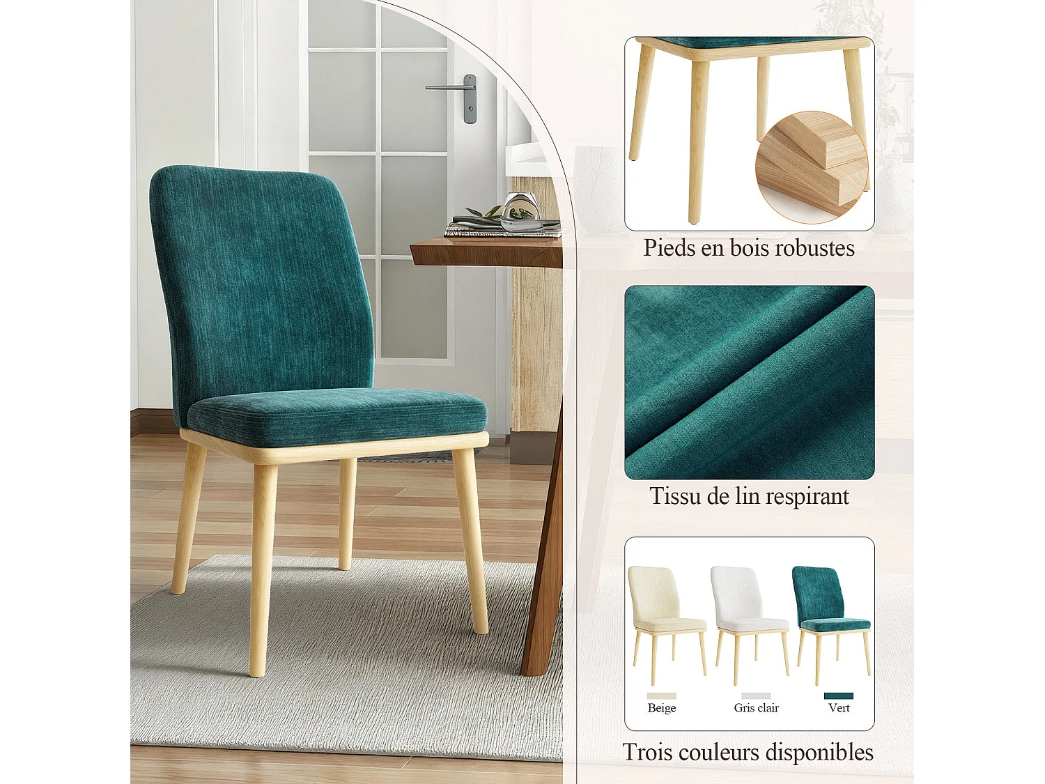 Lot de 2 Chaises de Salle à Manger à Dossier Haut, Structure en Bois, Style Vintage Élégant, Vert