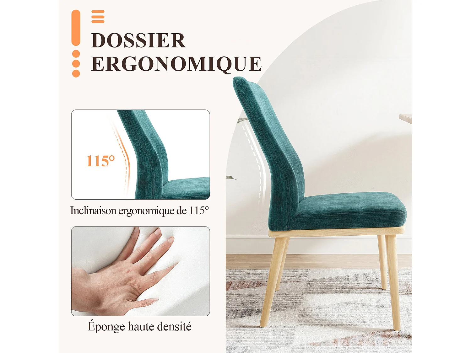 Lot de 2 chaises de salle à manger vintage grises à dossier haut, structure en bois - Vert