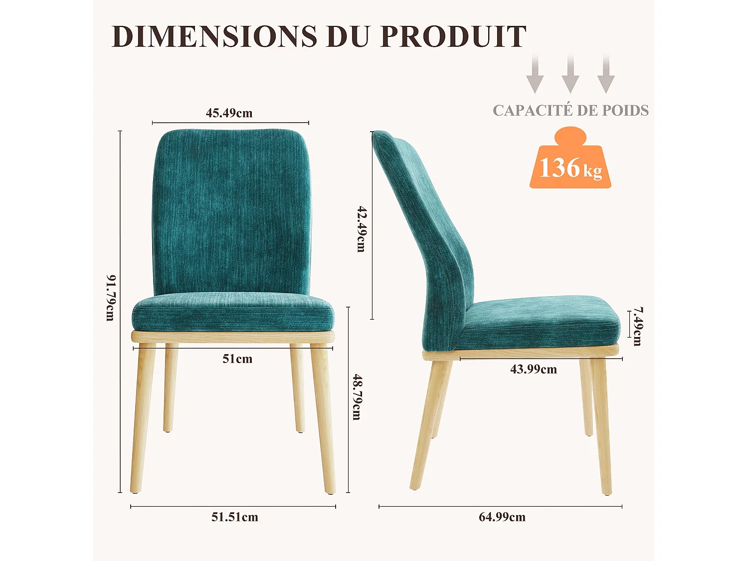 Lot de 2 chaises de salle à manger vintage grises à dossier haut, structure en bois - Vert