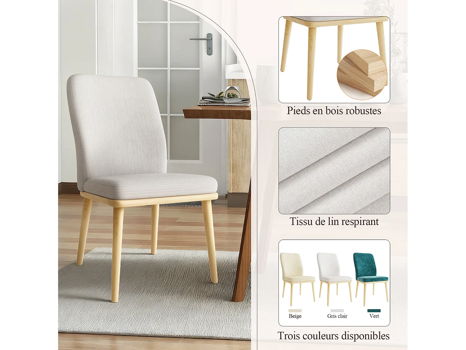 Lot de 2 chaises de salle à manger vintage grises à dossier haut, structure en bois - Gris