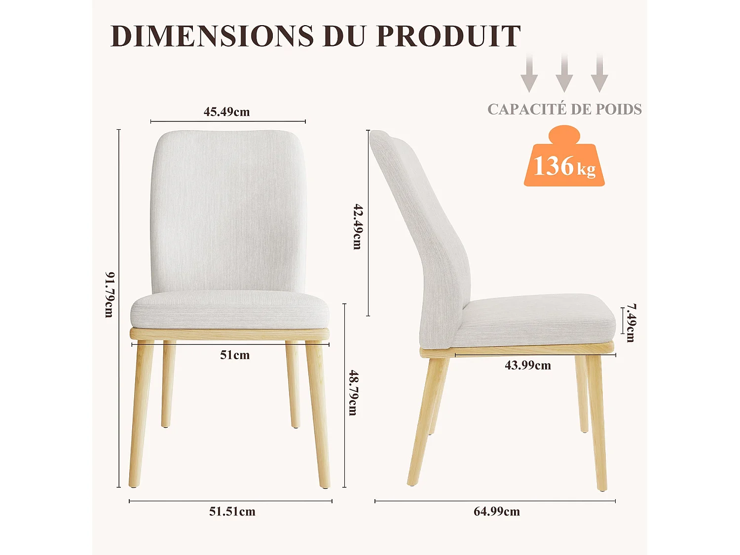 Lot de 2 chaises de salle à manger vintage grises à dossier haut, structure en bois - Gris