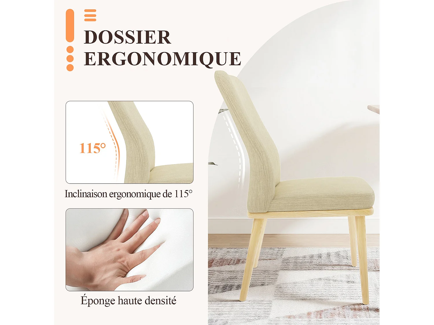 Lot de 2 chaises de salle à manger, chaises en tissu rembourré, pieds en bois massif, beige