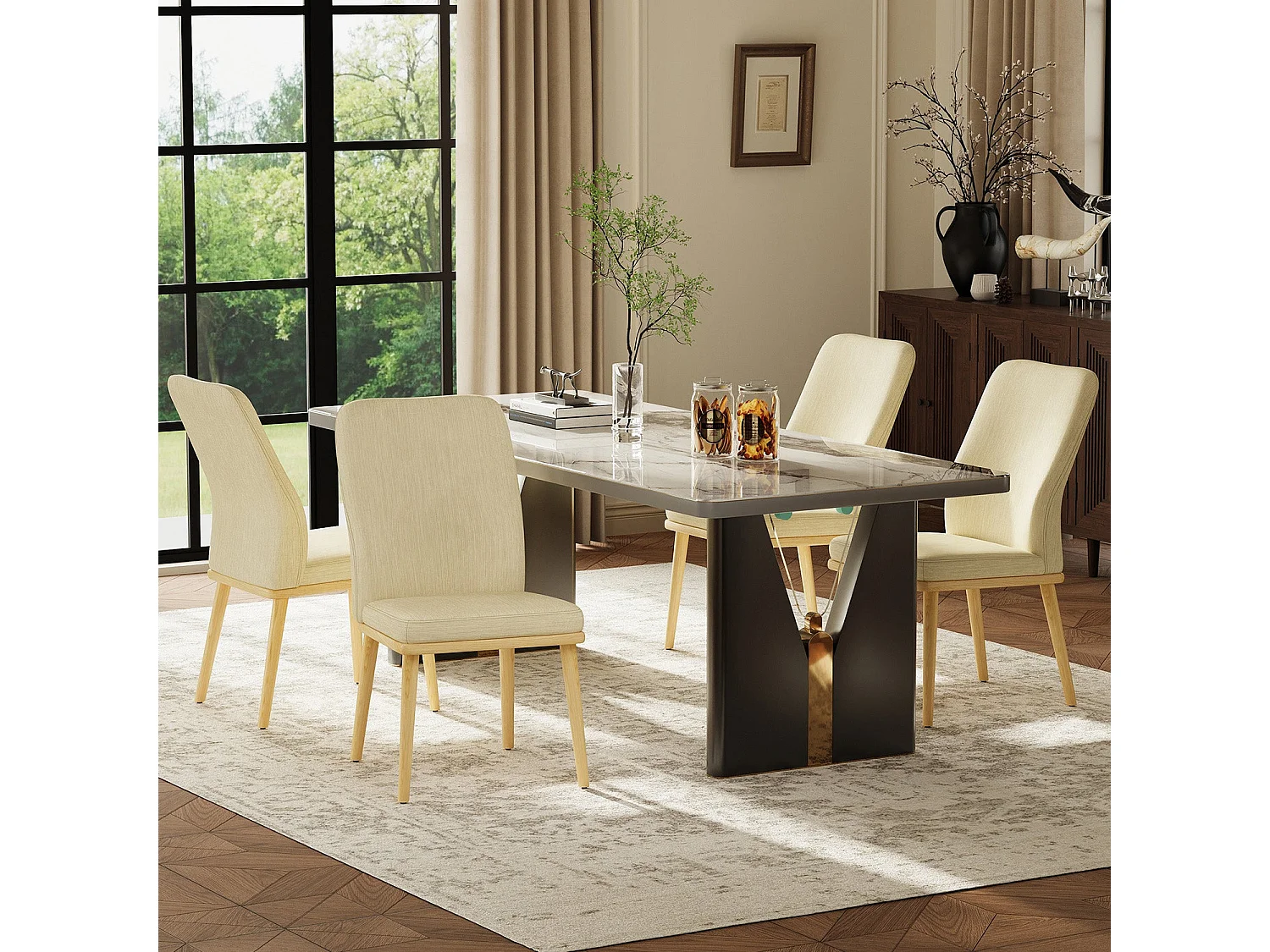 Lot de 2 chaises de salle à manger, chaises en tissu rembourré, pieds en bois massif, beige