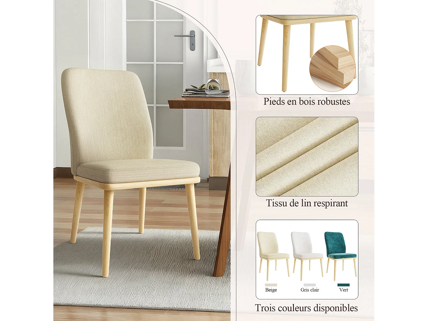 Lot de 2 chaises de salle à manger vintage grises à dossier haut, structure en bois - Beige