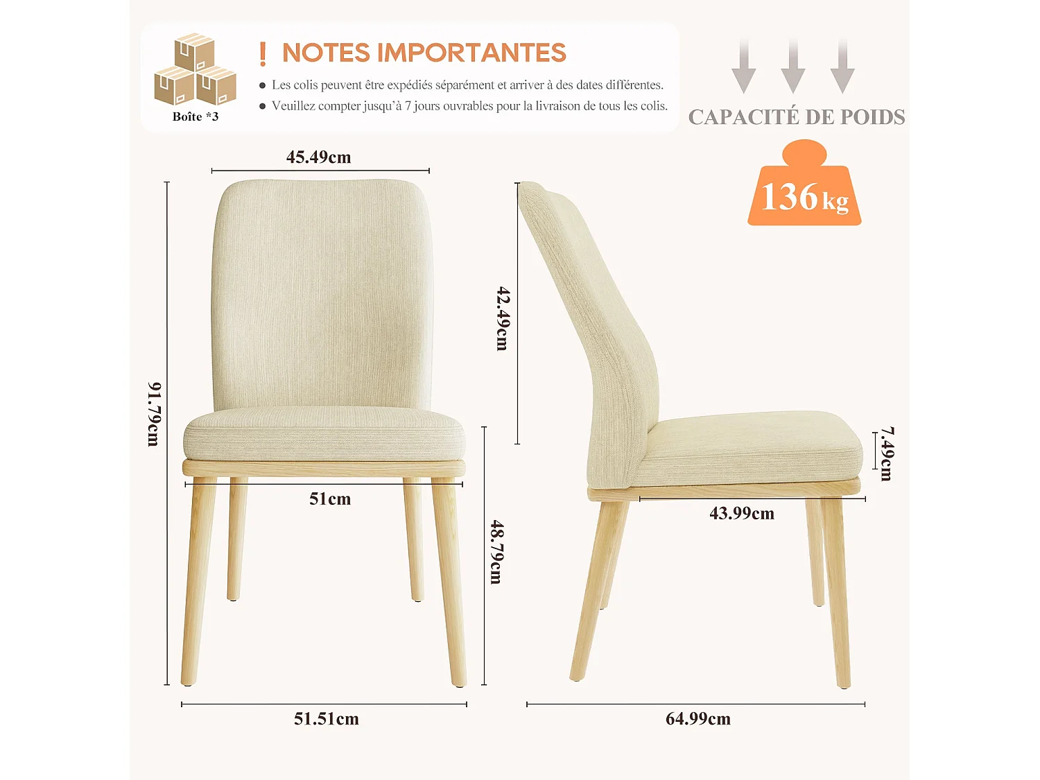 Lot de 2 chaises de salle à manger vintage grises à dossier haut, structure en bois - Beige