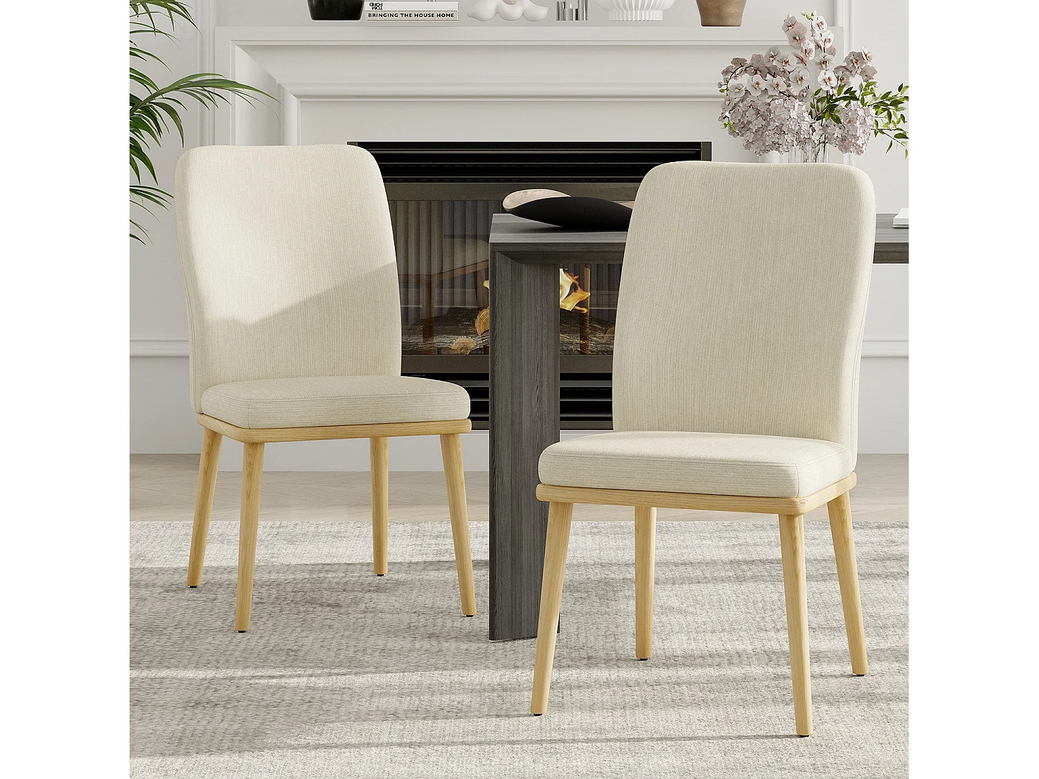 Lot de 2 chaises de salle à manger vintage grises à dossier haut, structure en bois - Beige