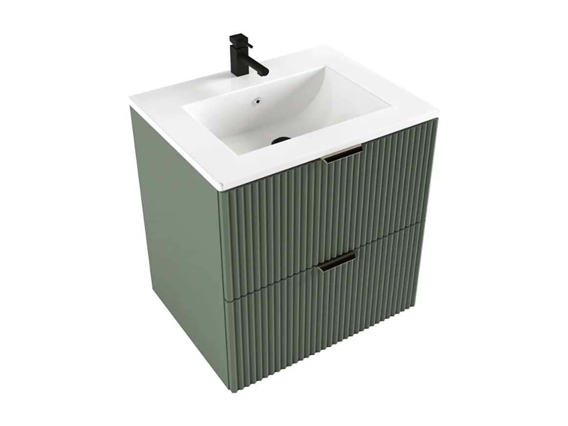 Armoire avec lavabo 60 cm Façades rainurées Vert / Sauge