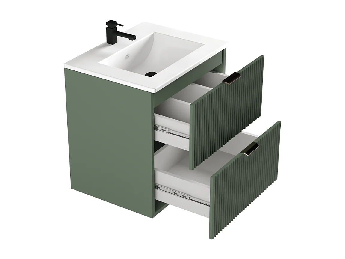 Armoire avec lavabo 60 cm Façades rainurées Vert / Sauge
