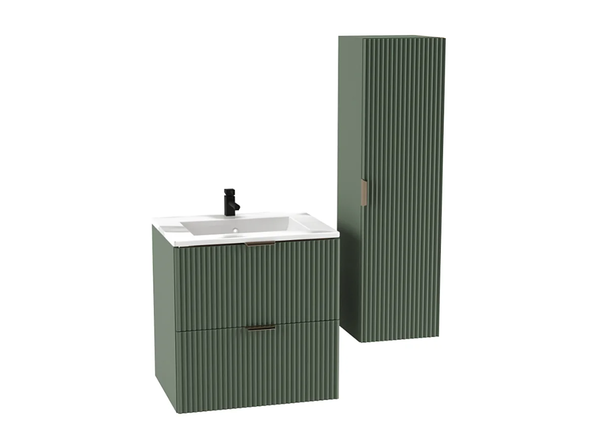 Armoire avec lavabo 60 cm Façades rainurées Vert / Sauge