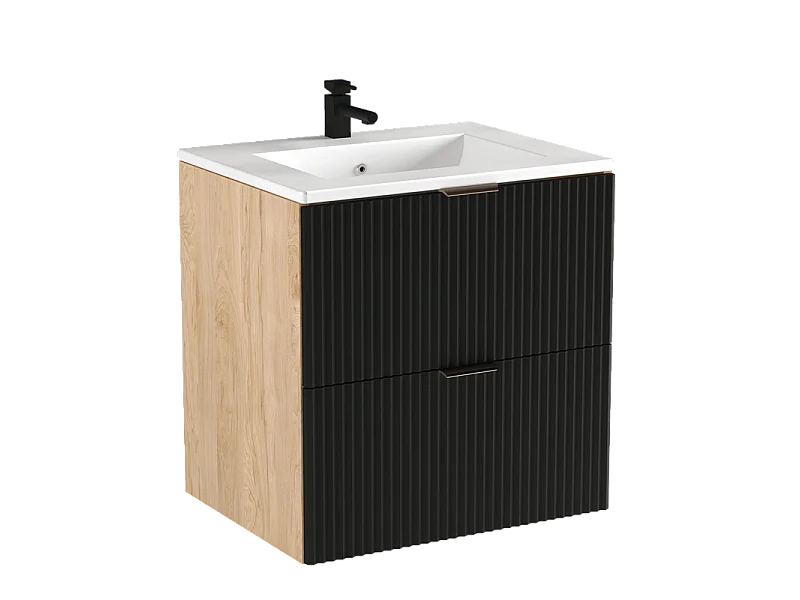 Armoire avec lavabo 60 cm Façades rainurées Noir / Noyer