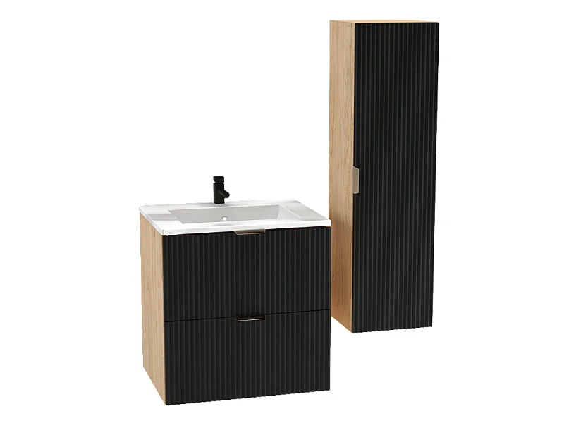 Armoire avec lavabo 60 cm Façades rainurées Noir / Noyer