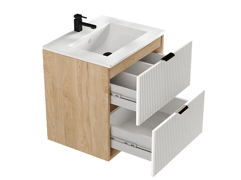 Armoire avec lavabo 60 cm Façades rainurées Blanc / Noyer