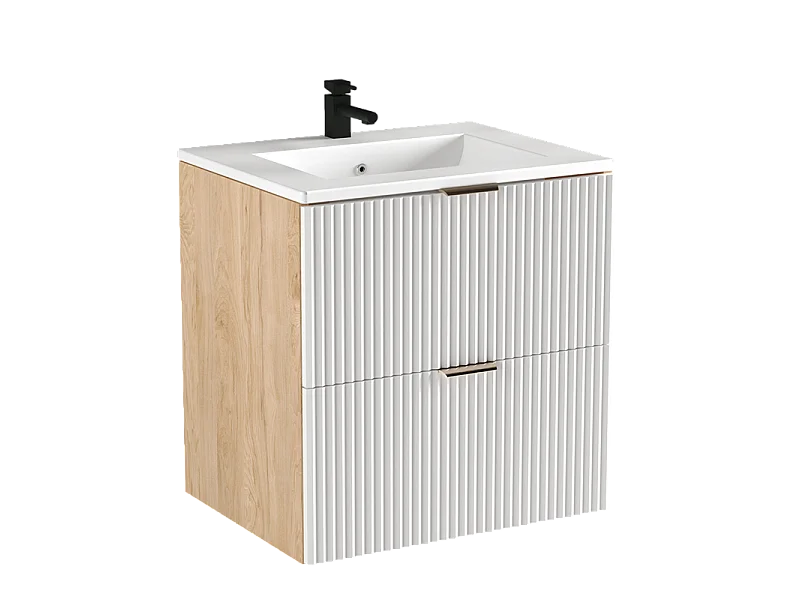 Armoire avec lavabo 60 cm Façades rainurées Blanc / Noyer