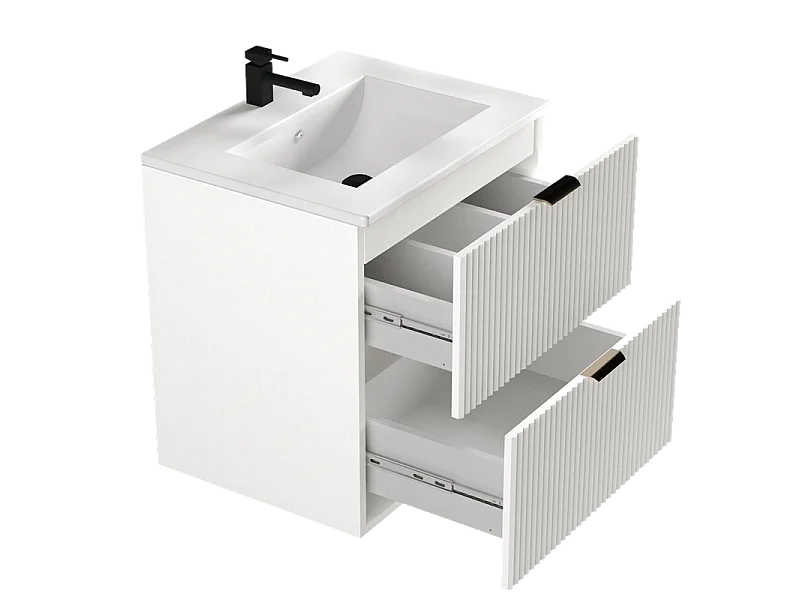 Armoire blanche avec lavabo 60 cm, façades rainurées