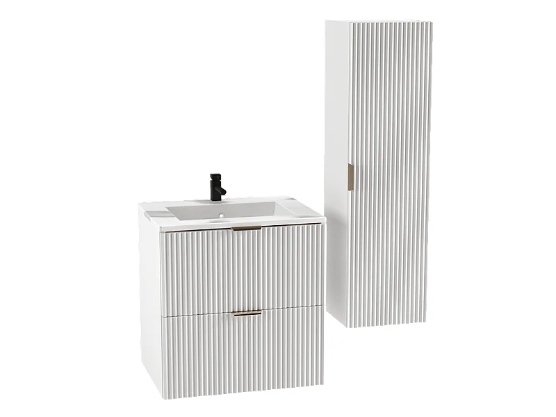 Armoire blanche avec lavabo 60 cm, façades rainurées
