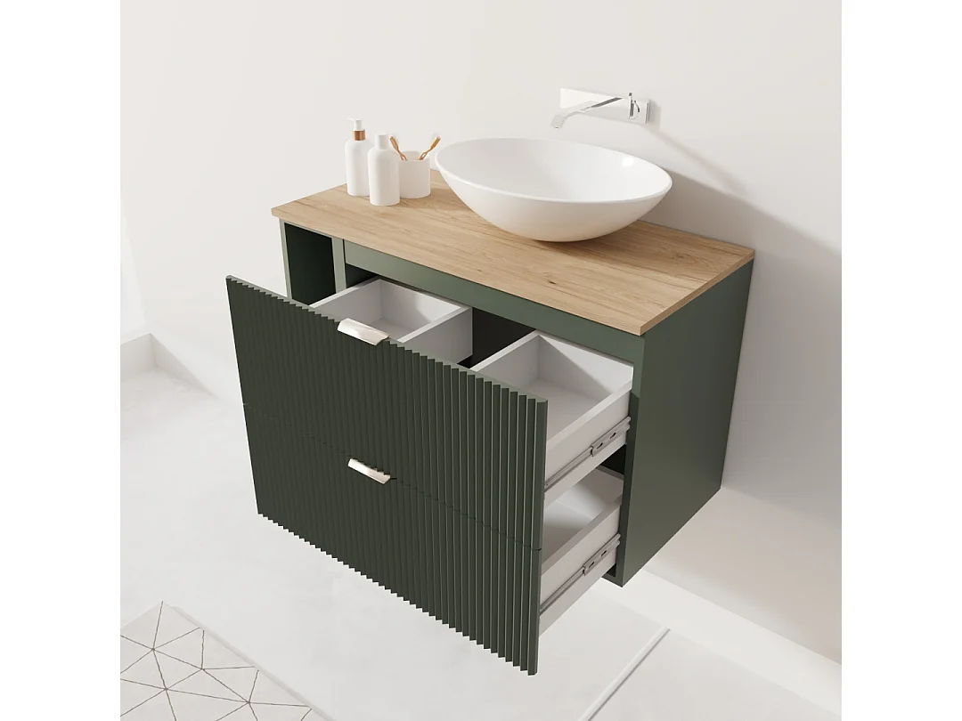 Set da bagno verde 80 cm Frontali scanalati Scaffale e piano in noce