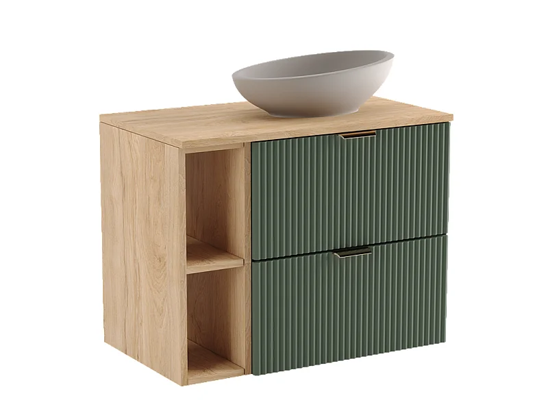 Set da bagno verde 80 cm Frontali scanalati Scaffale e piano in noce