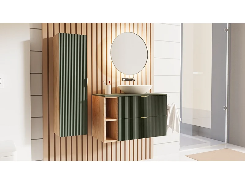 Set da bagno verde 80 cm Frontali scanalati Scaffale e piano in noce
