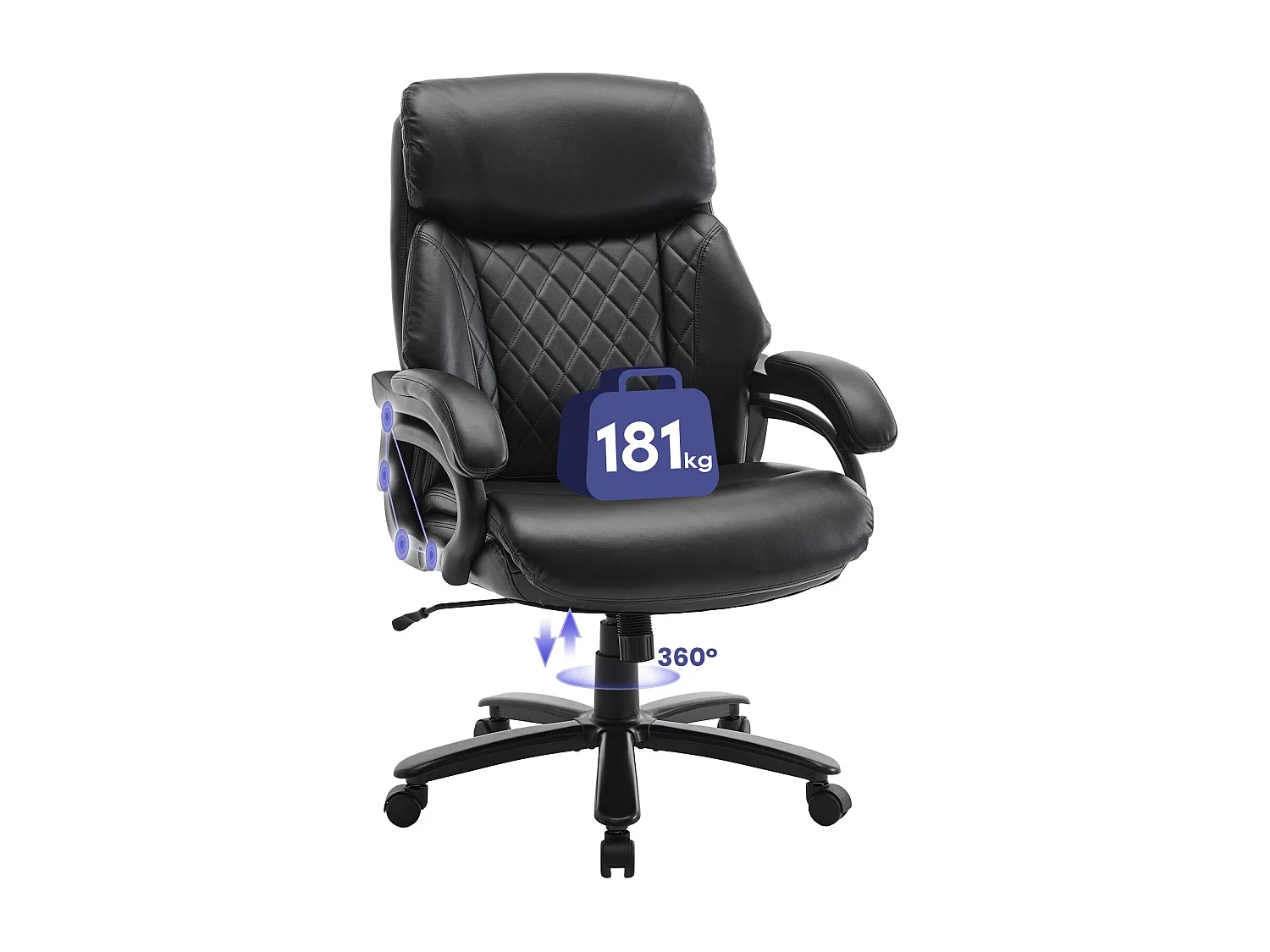 Fauteuil directeur haut avec accoudoirs réglables, dossier structuré et assise extra-large en simili-cuir, Noir