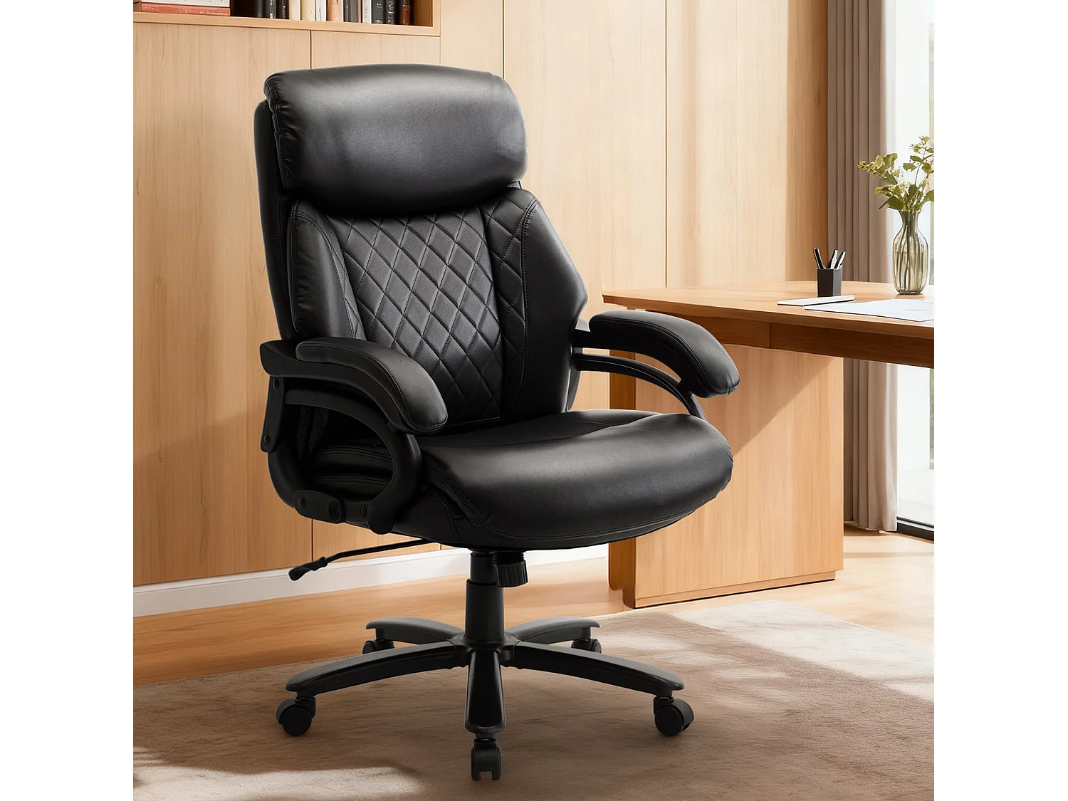 Fauteuil directeur haut avec accoudoirs réglables, dossier structuré et assise extra-large en simili-cuir, Noir