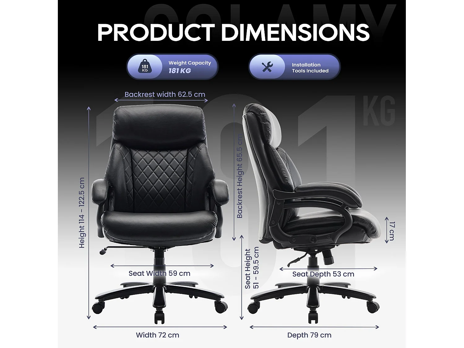 Fauteuil directeur haut avec accoudoirs réglables, dossier structuré et assise extra-large en simili-cuir, Noir