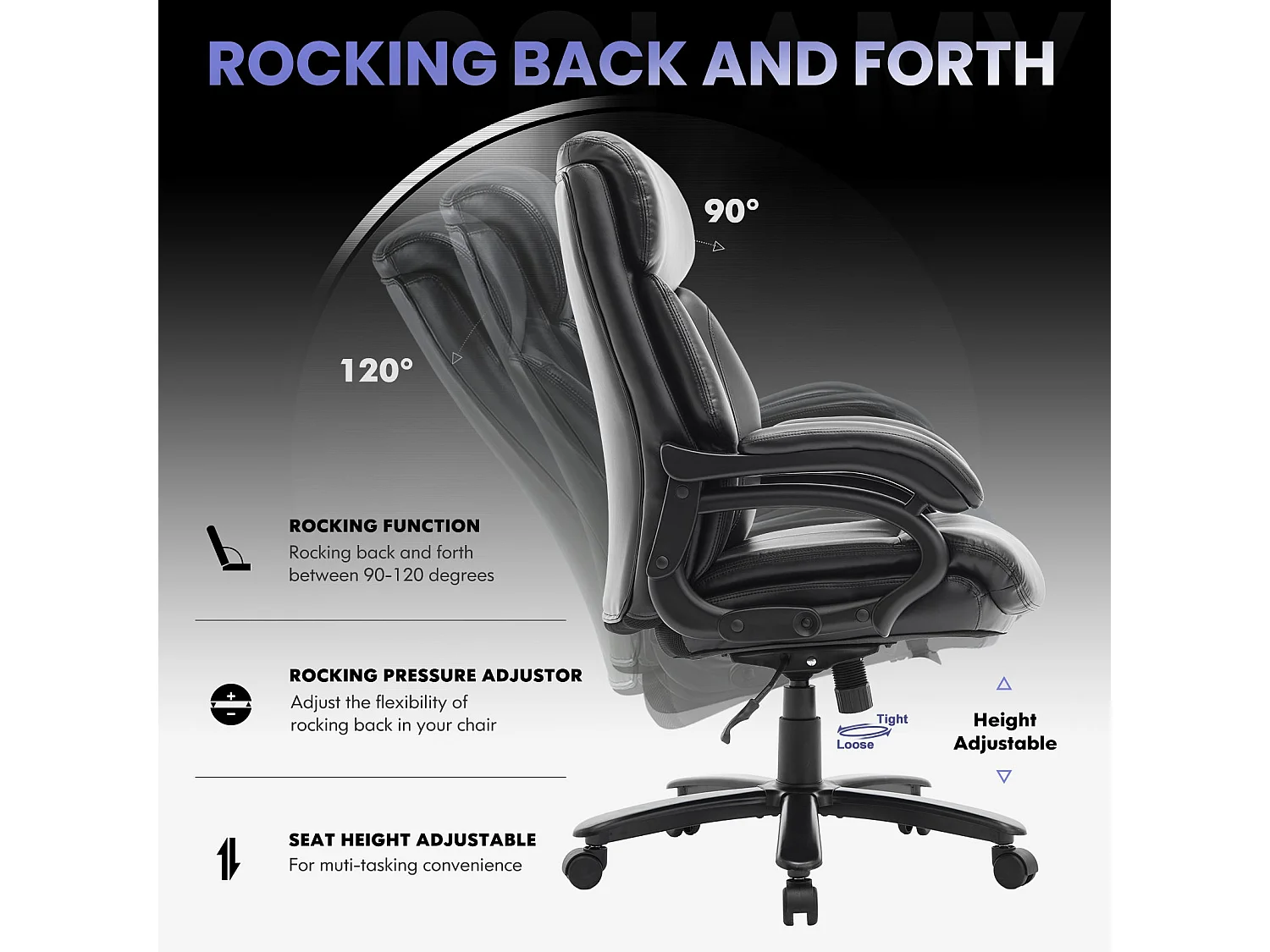 Fauteuil directeur haut avec accoudoirs réglables, dossier structuré et assise extra-large en simili-cuir, Noir