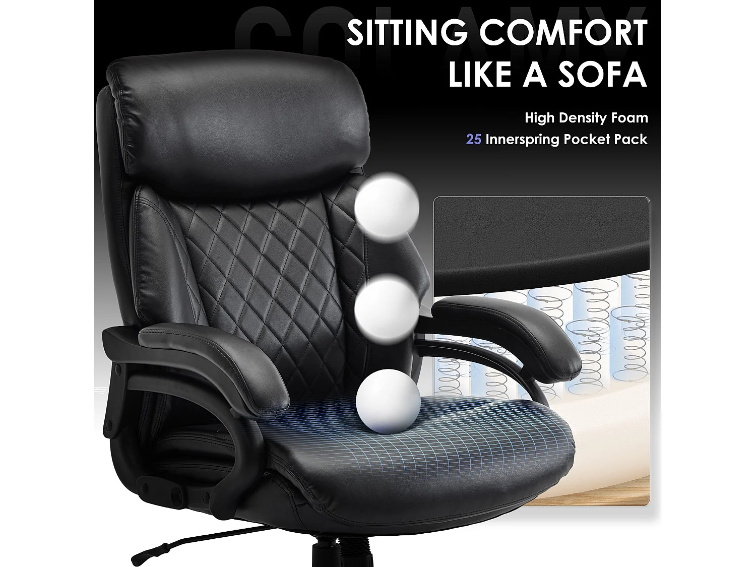 Fauteuil directeur haut avec accoudoirs réglables, dossier structuré et assise extra-large en simili-cuir, Noir