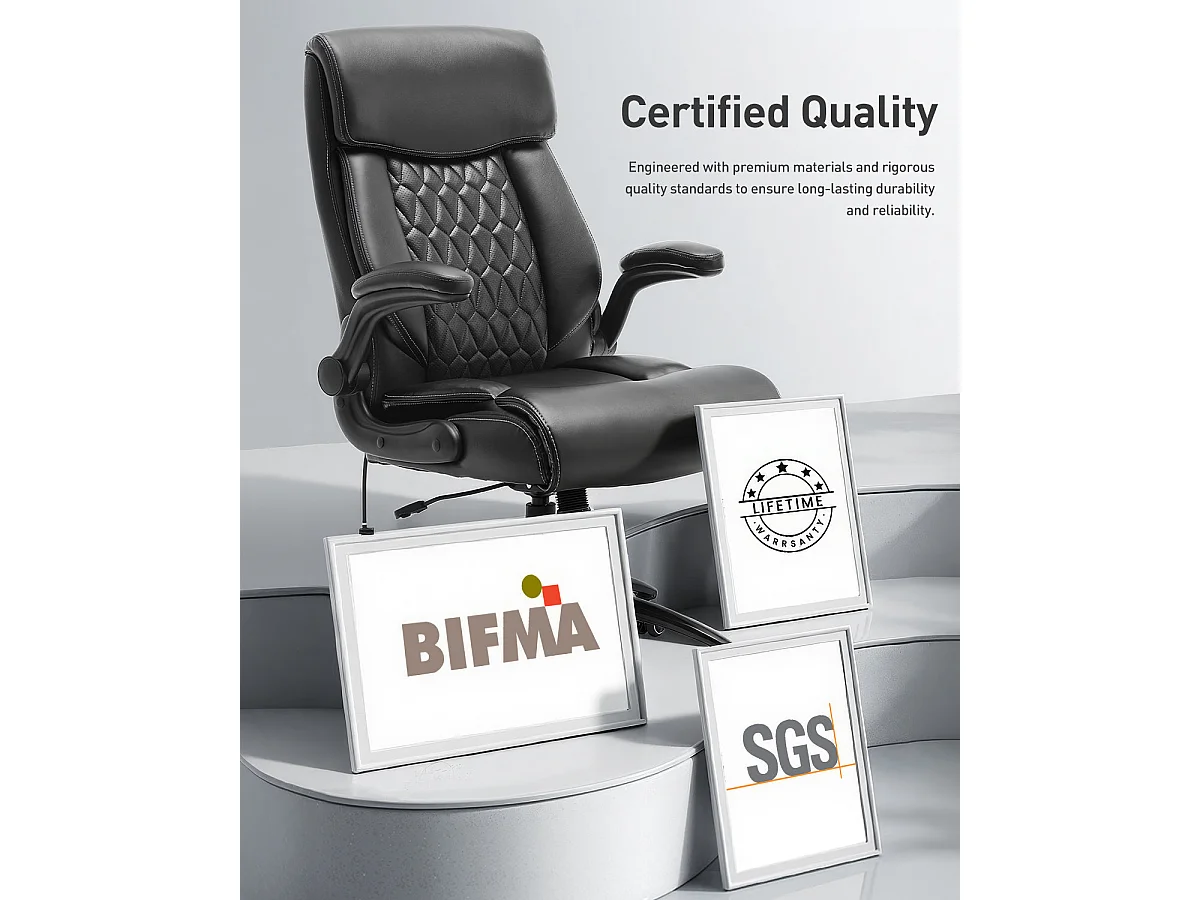 Chaise de bureau ergonomique grande taille, accoudoirs relevables, soutien lombaire réglable, Noir