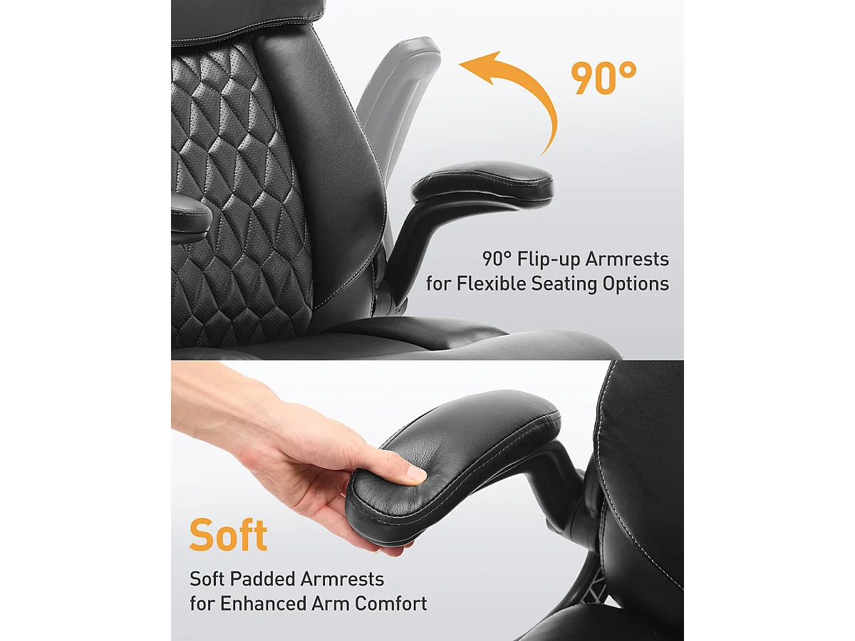 Chaise de bureau ergonomique grande taille, accoudoirs relevables, soutien lombaire réglable, Noir