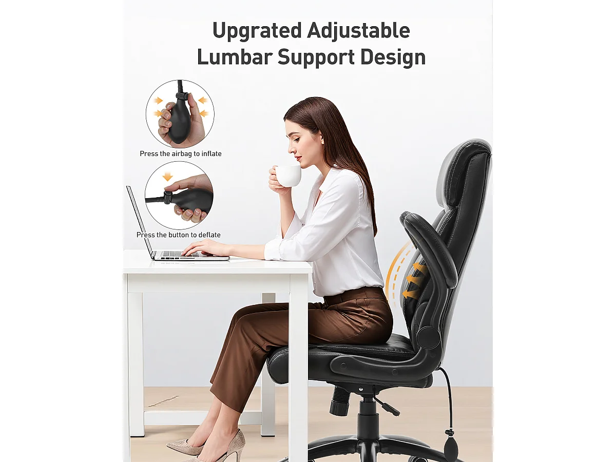 Chaise de bureau ergonomique grande taille, accoudoirs relevables, soutien lombaire réglable, Noir
