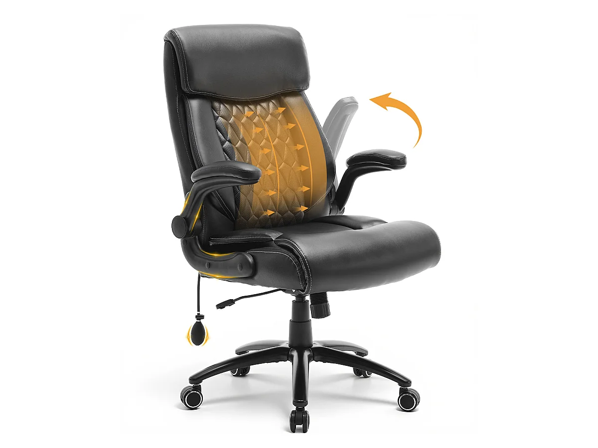 Chaise de bureau ergonomique grande taille, accoudoirs relevables, soutien lombaire réglable, Noir